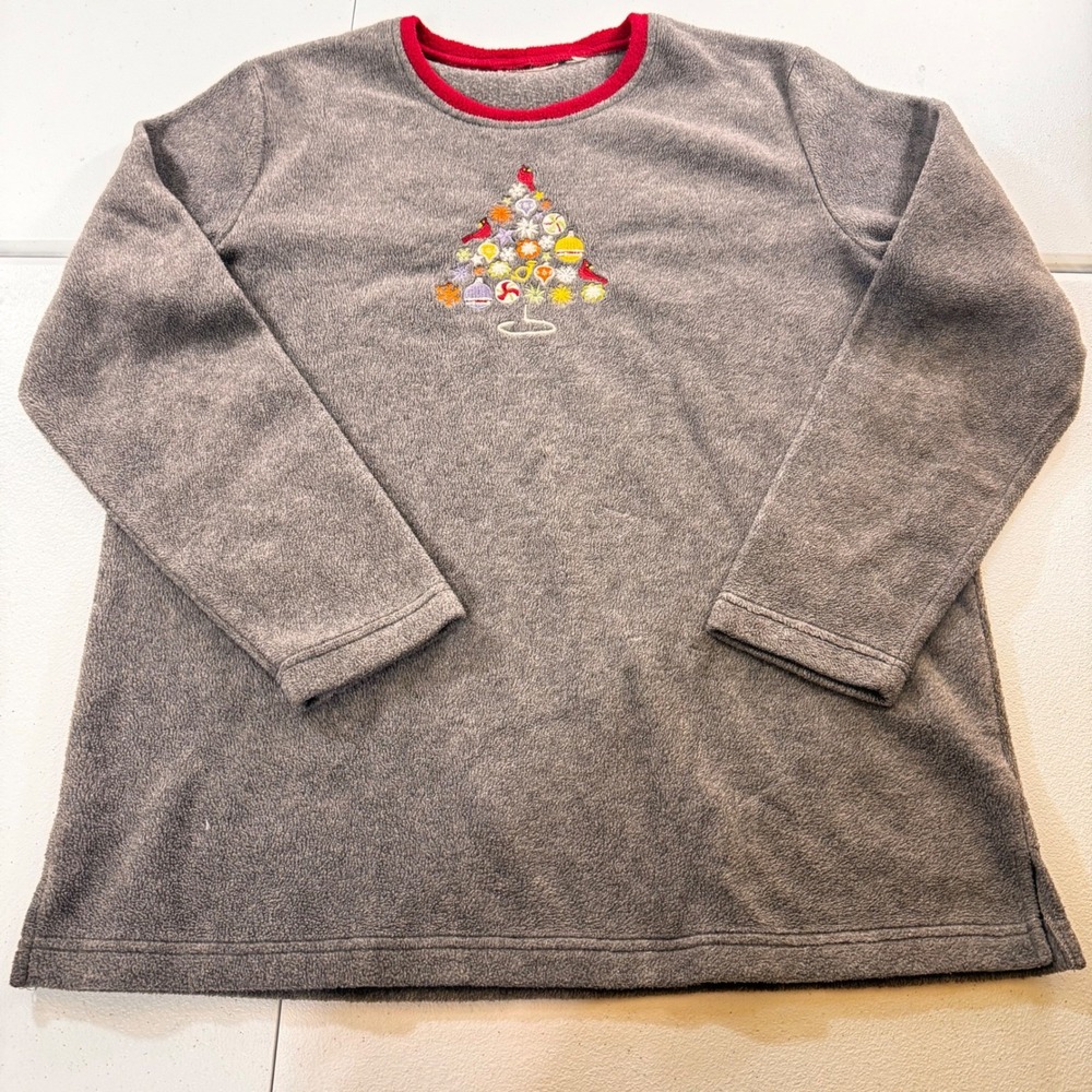 Womens Gray Fleece Long Sleeve Christmas Tree Holiday Embroidered pullover‎ L
